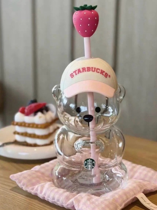 Starbucks Other - Starbucks Clear Bear Bottle with Pink Strawberry Straw and Cream-Pink Cap